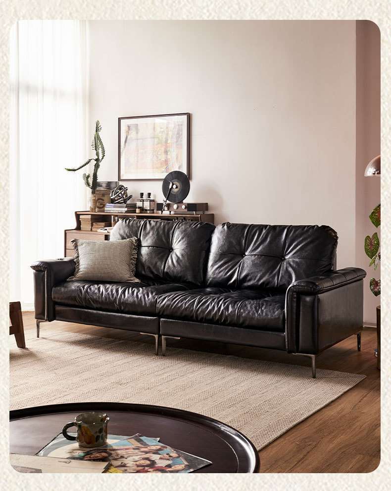 Nebula sofa, glossy black oil wax leather, high-back, small apartment, retro, vintage, southeast asian style