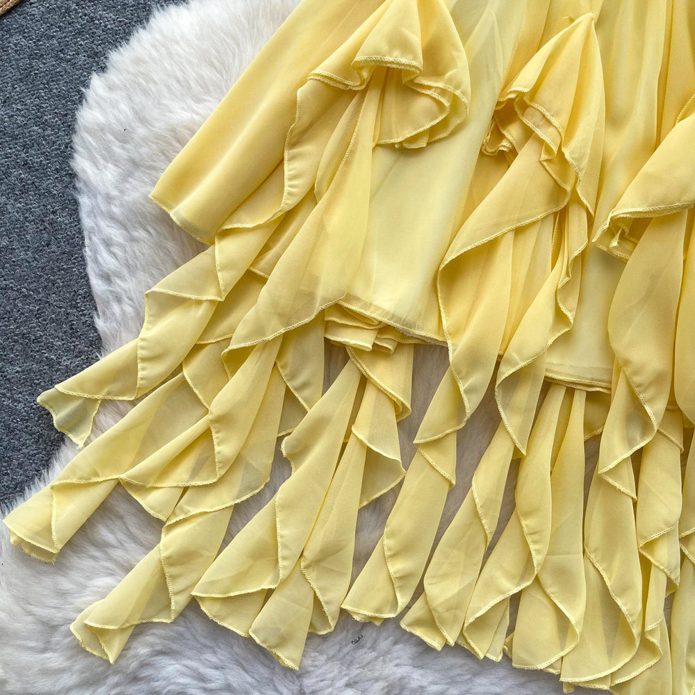 French yellow camisole dress - sweet & sultry style - women's summer irregular tiered cake dress with ruffle hem - vacation dress with a touch of luxury