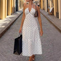 European and american style polka dot halter dress, asymmetrical summer new arrival, french v-neck, cinched waist, flared skirt