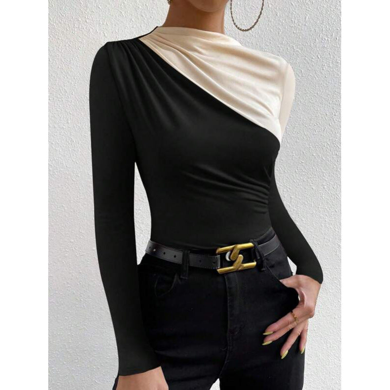 Shipped: women's color block asymmetrical neck bodycon top - long sleeve drapey slim fit blouse, perfect for party nights
