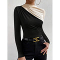 Shipped: women's color block asymmetrical neck bodycon top - long sleeve drapey slim fit blouse, perfect for party nights