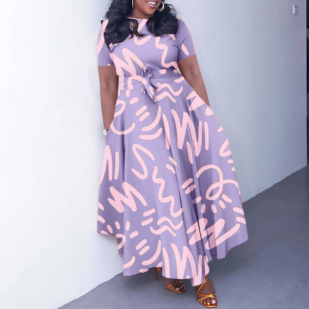 Q127 cross-border  africa new fashion round neck printed short sleeve high waist flared elegant export dress