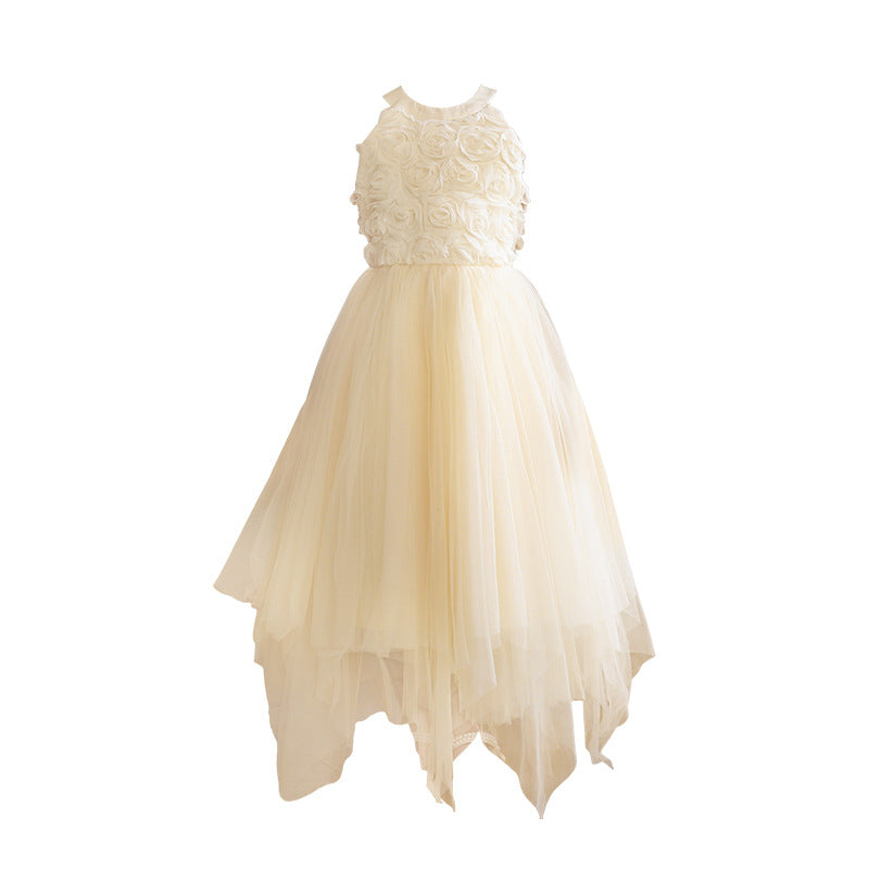 Children's dress with asymmetrical mesh skirt, elegant and high-end girls' princess dress, halter neck, sleeveless, european and american style, custom-made