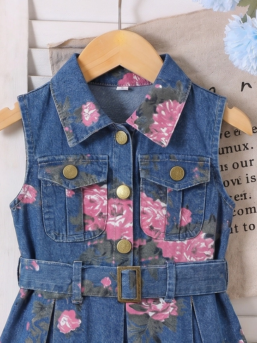 hot-selling girls' sleeveless printed denim dress + belt, denim washed dress - cross-border exclusive