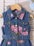 hot-selling girls' sleeveless printed denim dress + belt, denim washed dress - cross-border exclusive