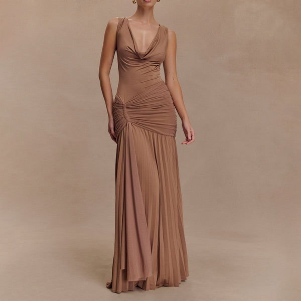 2025 autumn new fashion swing neck sleeveless waist dress sexy pleated streamer solid color dress