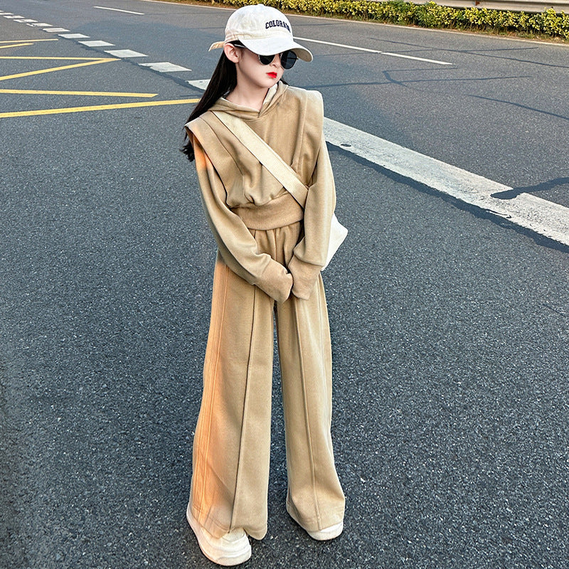 Girls' outfit set:  spring/autumn new arrival - casual hooded jacket & loose straight-leg pants, trendy two-piece set for mid-to-large children