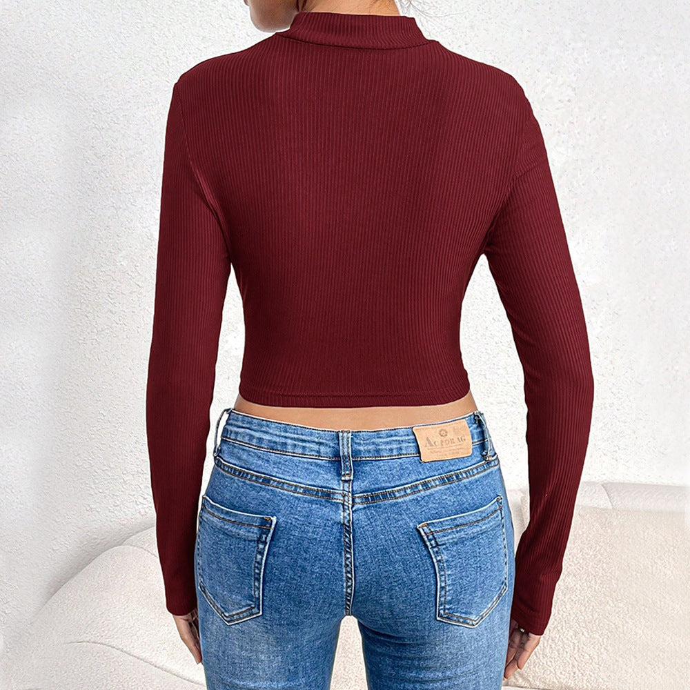 Cross-border European and American women's clothing 2024 autumn and winter design sense hollow semi-turtleneck long-sleeved bottoming shirt with knitted top