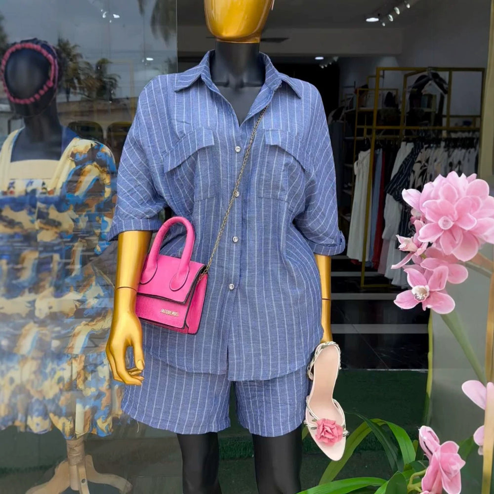 European and american cross-border women's clothing  summer new arrival: casual turn-down collar striped loose pocket shirt and high-waisted shorts set