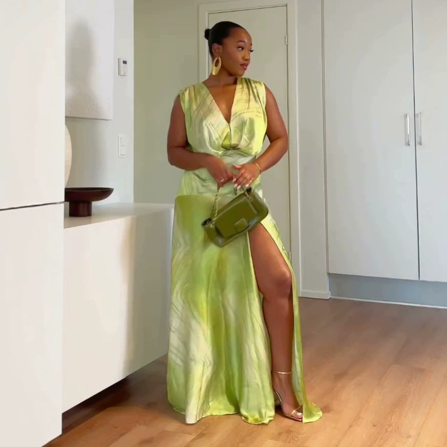 European and american cross-border african women's clothing  summer new arrival: elegant printed v-neck slim-fit slit maxi dress