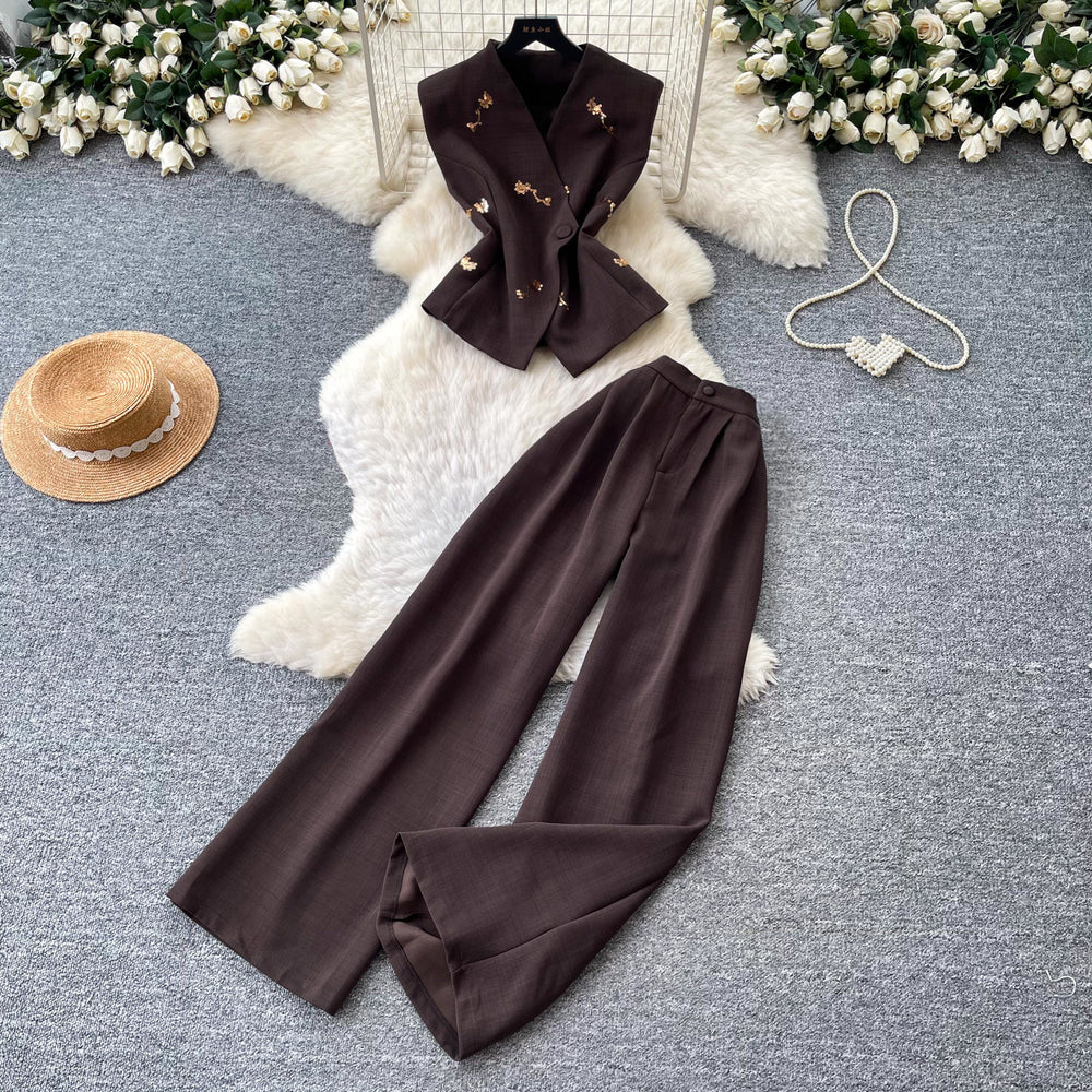 Light mature style vest high waist casualloose pants two-piece set women's summerclassy sense silmslimming look skirt suit