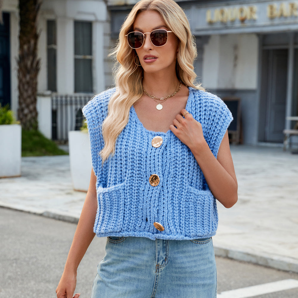 Fashion cross-border women's clothing  independent station new v-neck three-button sleeveless cardigan sweater vest