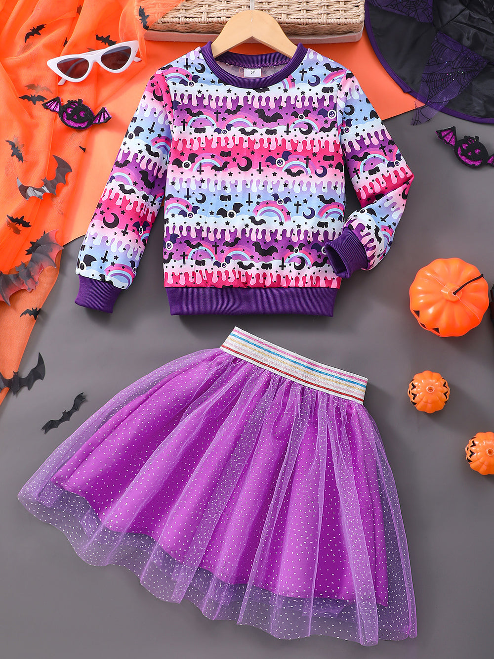 Children's long sleeves round neck sweatshirt + mesh skirt suit