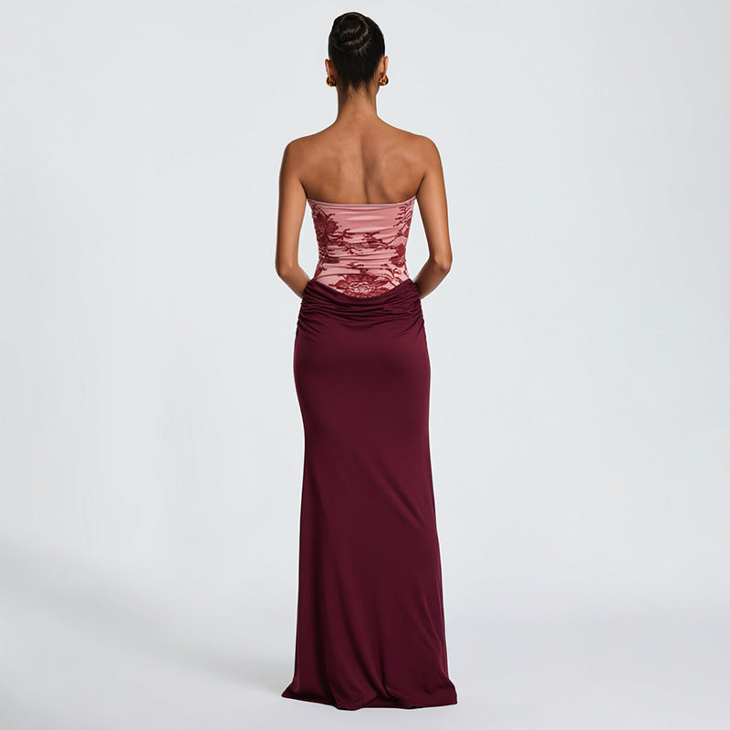 European and american style cross-border women's clothing  summer new arrival off-the-shoulder lace print ruched panel patchwork dress