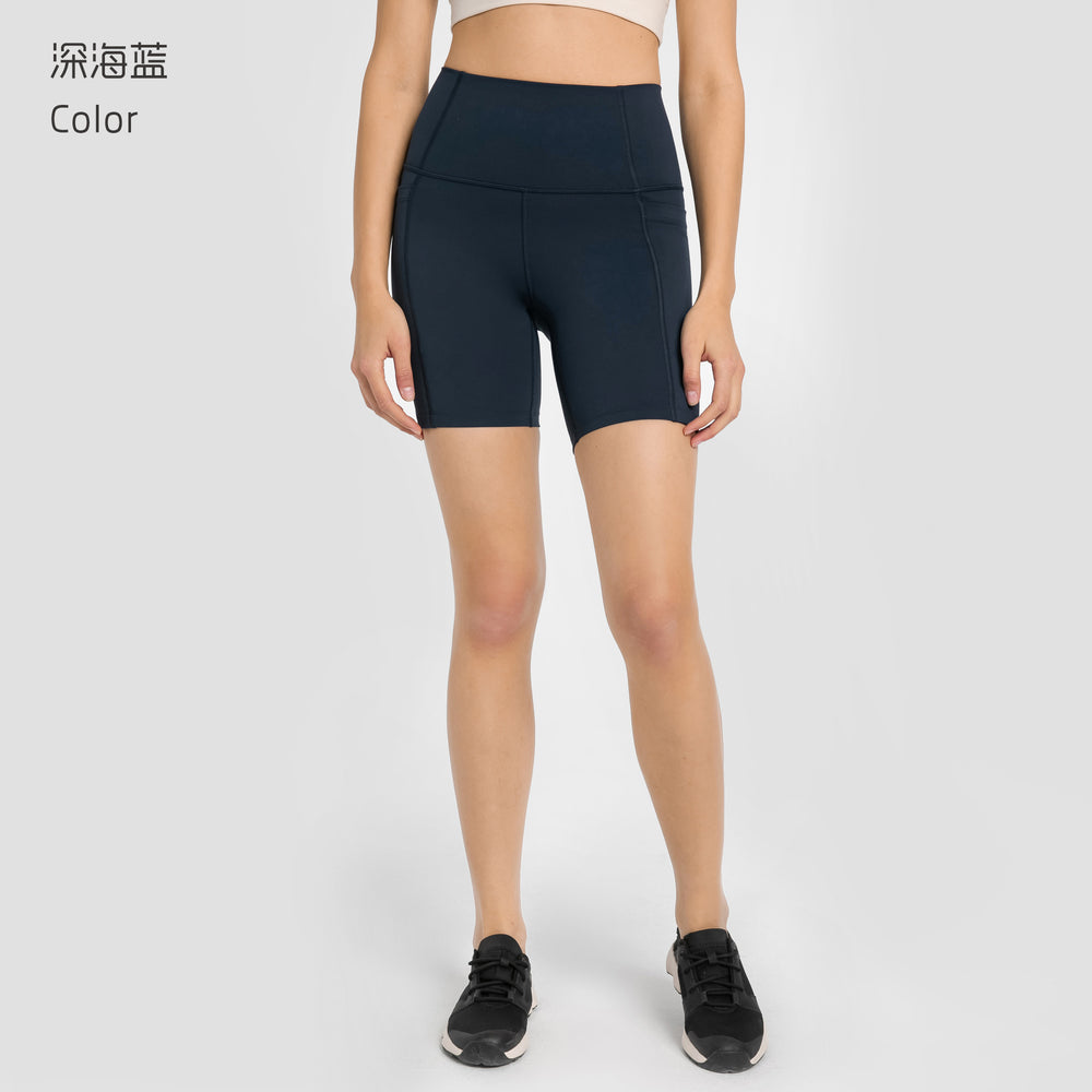 New women's high-waisted workout shorts with side pockets - four-way stretch, tummy control, and butt-lifting design - perfect for fitness and yoga (model dk178)