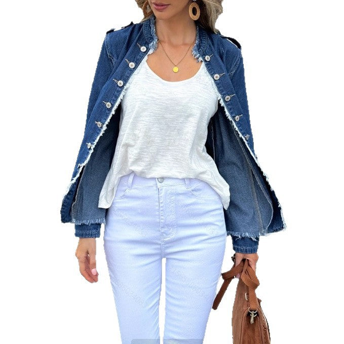 PD08571 European and American   women's denim blazer single-breasted stand-up collar jacket women's solid color