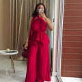 European and american cross-border women's fashion  summer new arrival: elegant halter neck tie-up pleated sleeveless top and wide-leg pants set