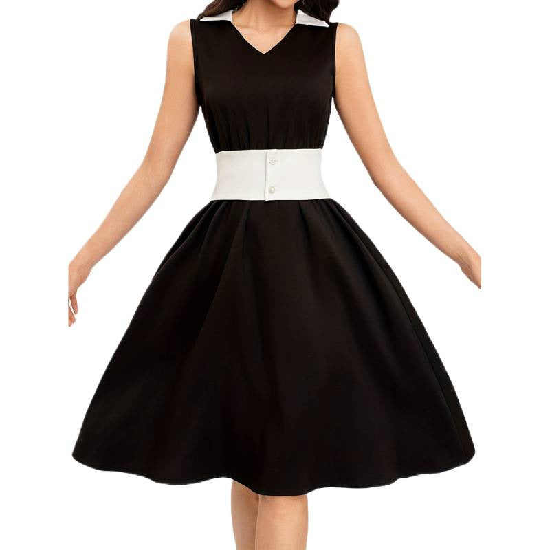 Aliexpress cross-border new women's original black and white patchwork pearl button sleeveless solid color dress