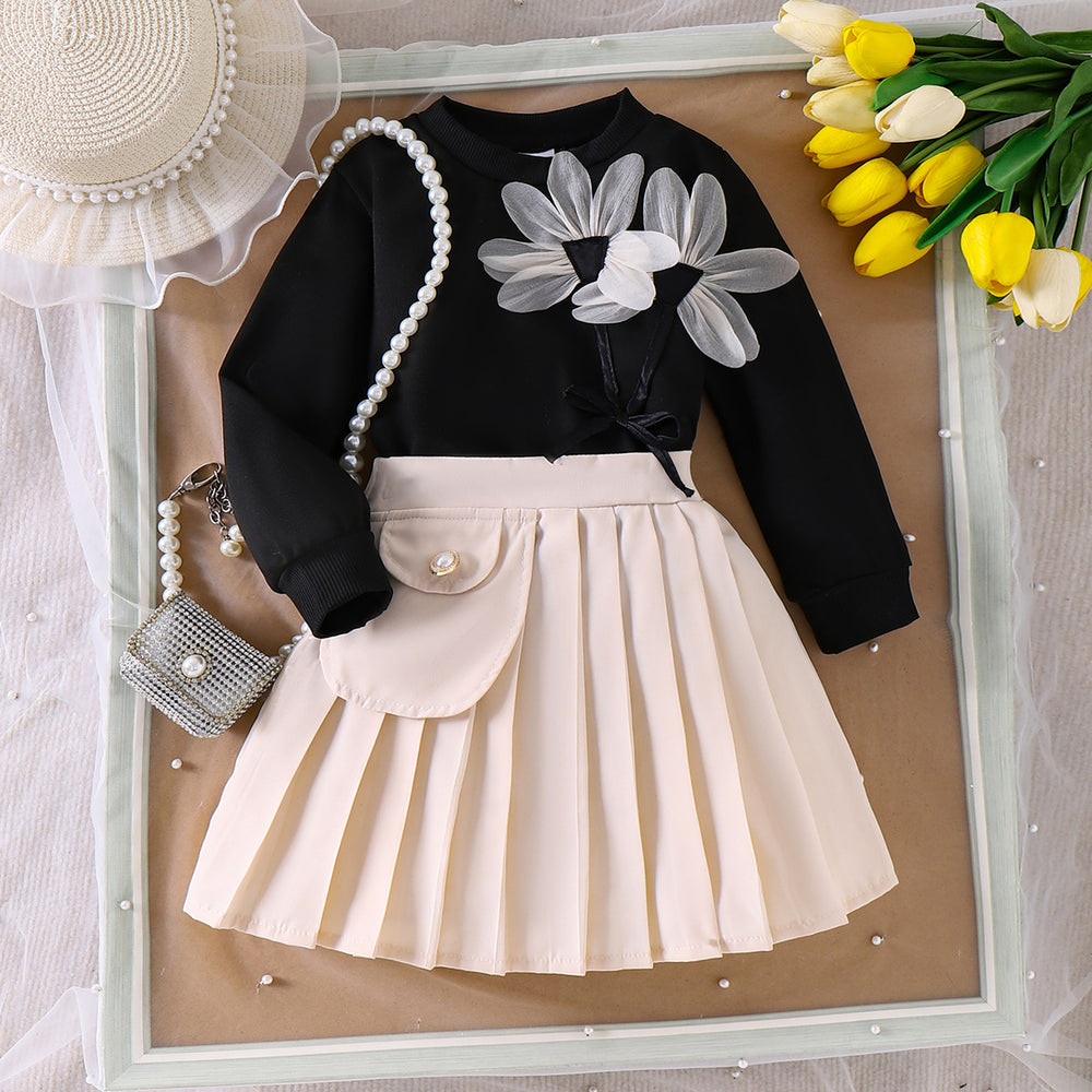 Children's clothing cross-border girl suit flower black long sleeves tops pleated skirt