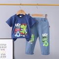New boys' dinosaur skateboard print short-sleeve cotton t-shirt and jeans two-piece set - trendy summer outfit for toddlers and young children