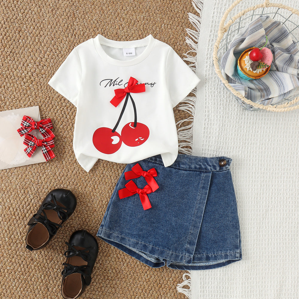 Children's clothing shein cross-border girlsuitwhite short-sleeved t-shirt + blue shorts