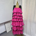 spring new sleeveless solid color wide strap long loose ruffle tiered cake dress