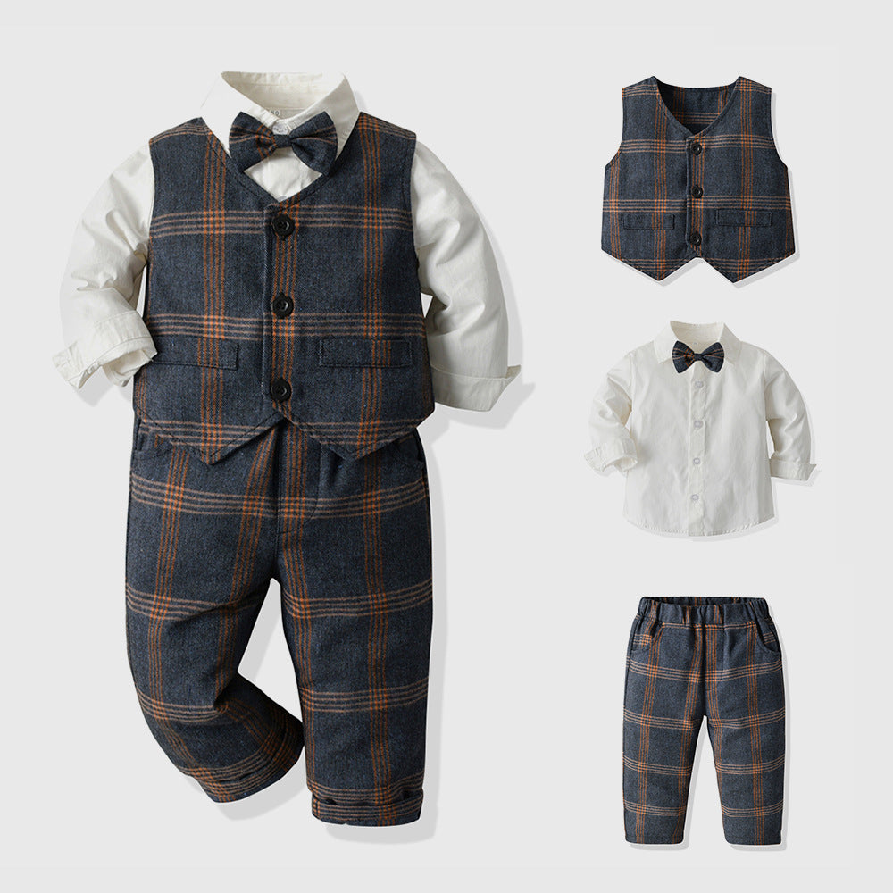 Boys' spring new plaid vest set wholesale, gentleman's formal wear, birthday customization wholesale, first birthday outfit