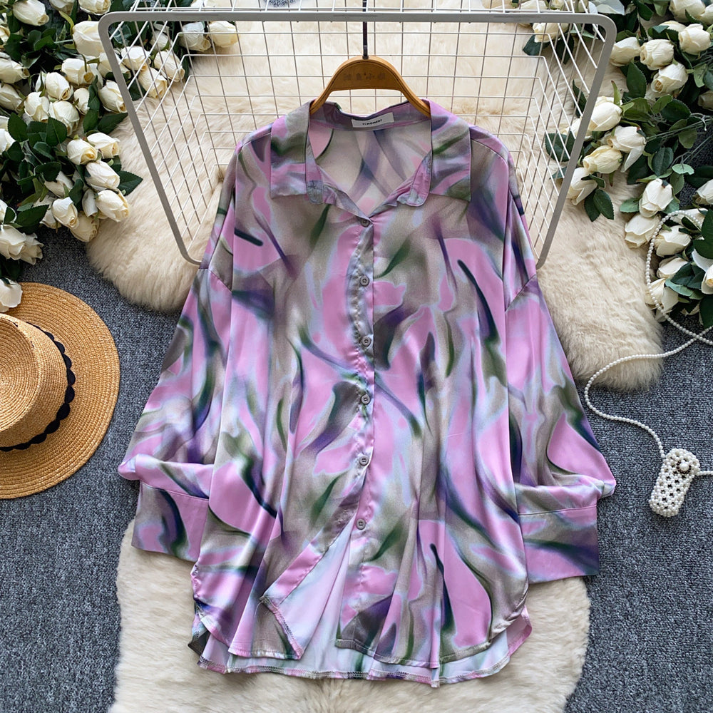 French chic print blouse - women's long sleeve, relaxed fit, open front cardigan - versatile & slimming top for work & casual wear - autumn  collection - effortless style