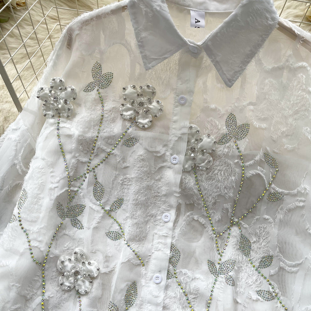 French style women's top - new early autumn long sleeve shirt with heavily embellished diamond and 3d floral embroidery, versatile and slimming chiffon blouse