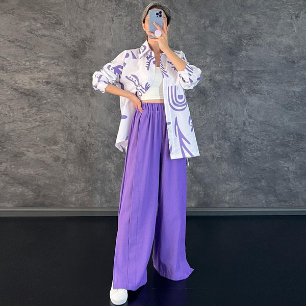 Spot European and American women's clothing 2024 new casual long-sleeved printed shirt high waist split wide-leg pants set