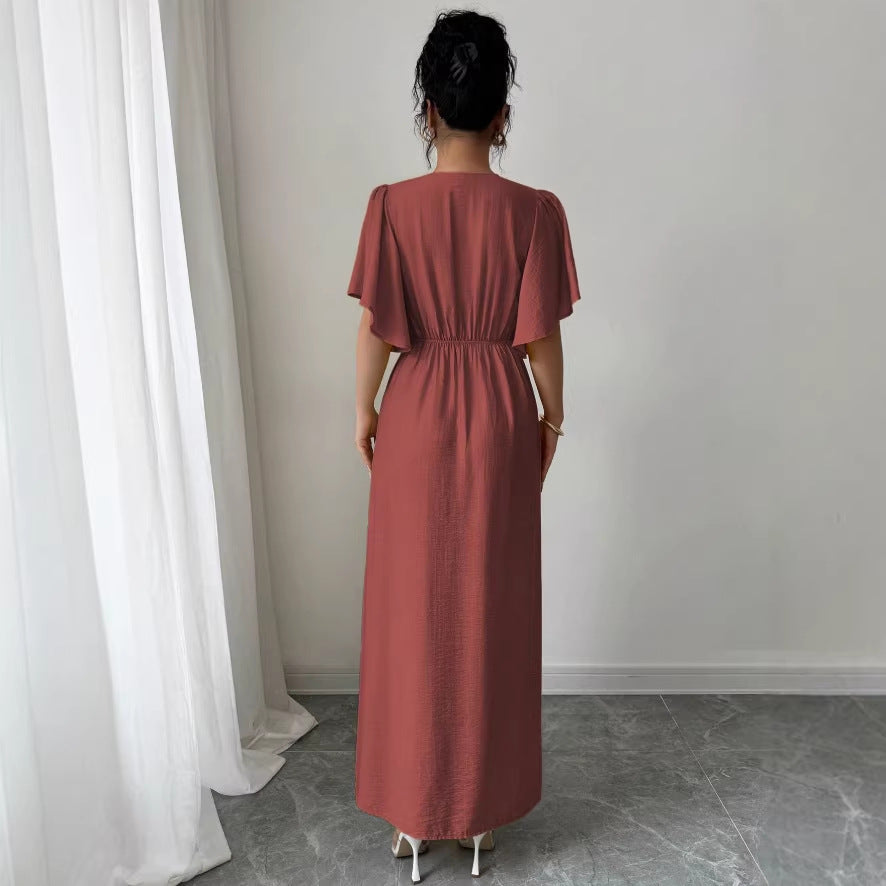 european and american new arrival: elegant slim-fit v-neck waist-defining french dress