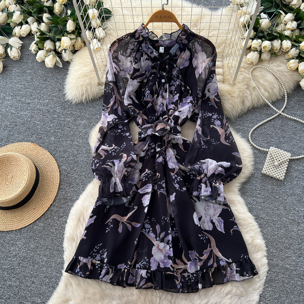 French print midi dress - women's summer long sleeve slim fit a-line dress - workwear, elegant, vacation style