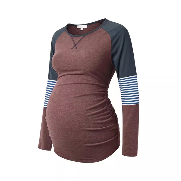 Cross-border 2025  eBay Europe and the United States autumn explosion, round neck long-sleeved splicing loose pleated maternity T-shirt women