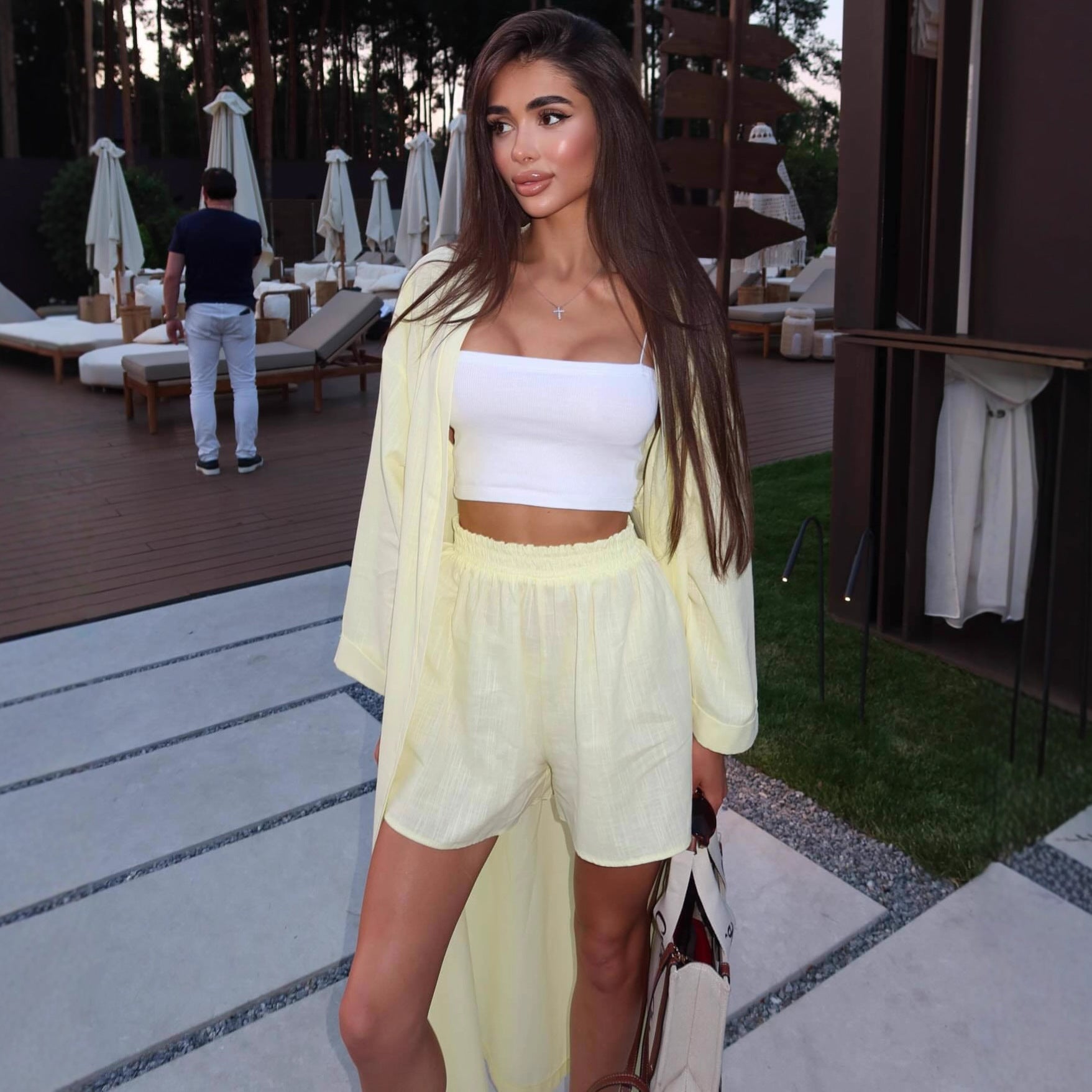 European and American large-size cardigan long shirt women's casual shorts set   fashion new foreign style two-piece set