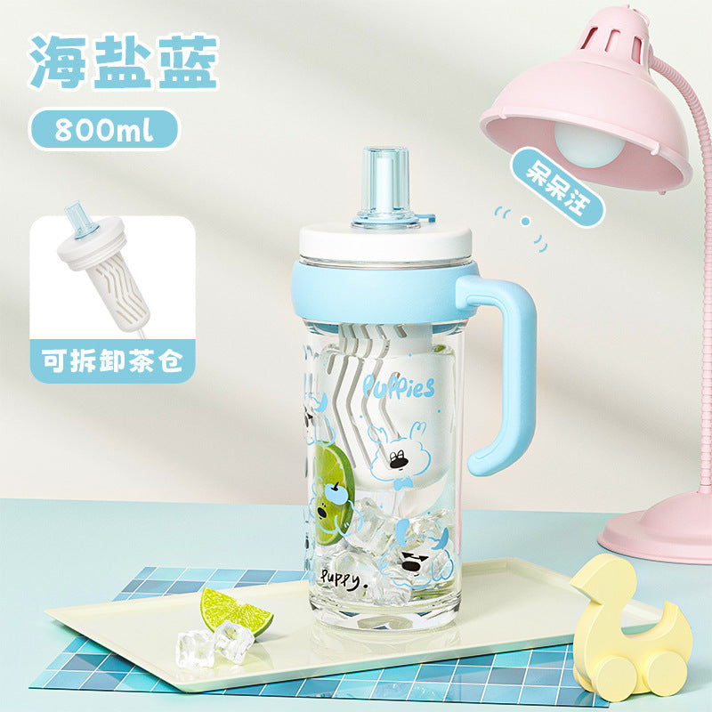 New arrival cartoon jumbo ice cup straw coffee cup large capacity with tea drain high temperature resistant handle straw water cup