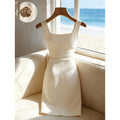 Women's summer new fashion elegant solid color square neck metal buckle decorated waist cinching sleeveless mini dress