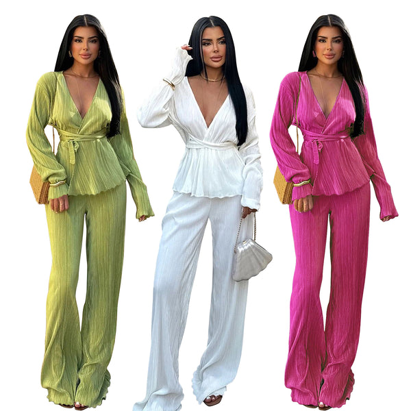 K10781 factory wholesale    women's clothing V-neck long-sleeved cardigan autumn and winter leisure two-piece set
