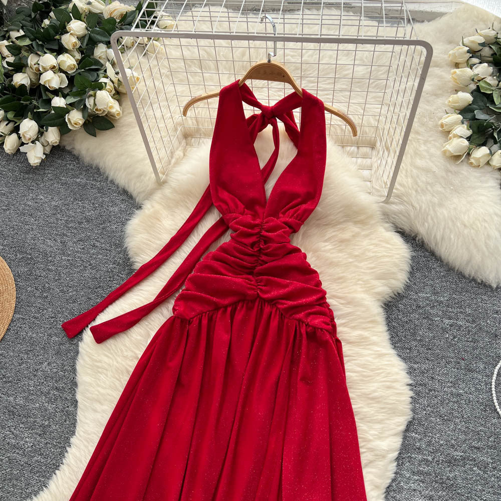 Red dress women's  summer atmosphere deep v neck halter suspender waist elegant slit backless long skirt