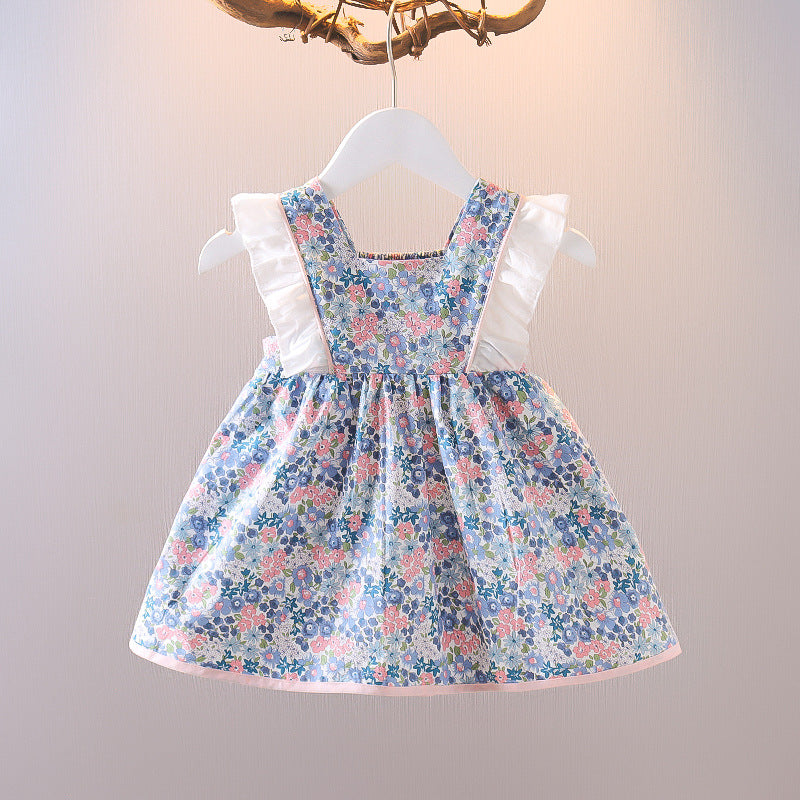 summer new arrival: girls' floral cotton dress with back bow and lace trim, featuring lace sleeves
