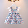 summer new arrival: girls' floral cotton dress with back bow and lace trim, featuring lace sleeves