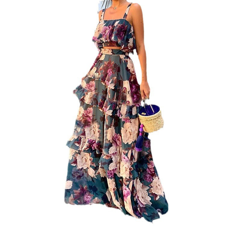 cross-border e-commerce women's fashion: european and american summer new arrivals - vacation-ready printed cami top and tiered maxi skirt set