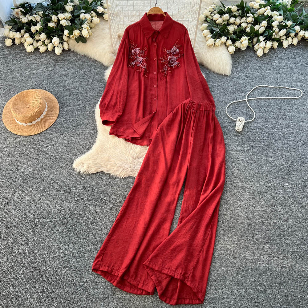 Light mature style heavy industry embroider red work clothingtwo-piece set female autumlooseslimming looklong sleevesshirtloose pantssuit