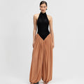 Amazon cross-border women's fashion:  autumn new arrivals - halter neck patchwork jumpsuit with ruched backless design, loose-fit romper for women