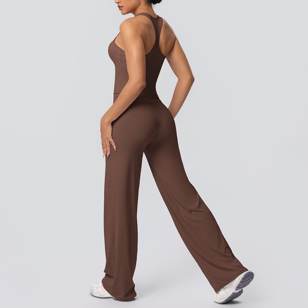 fashion brushed pure color tight i-shaped back sports suit running fitness yoga wear wide-leg two-piece set