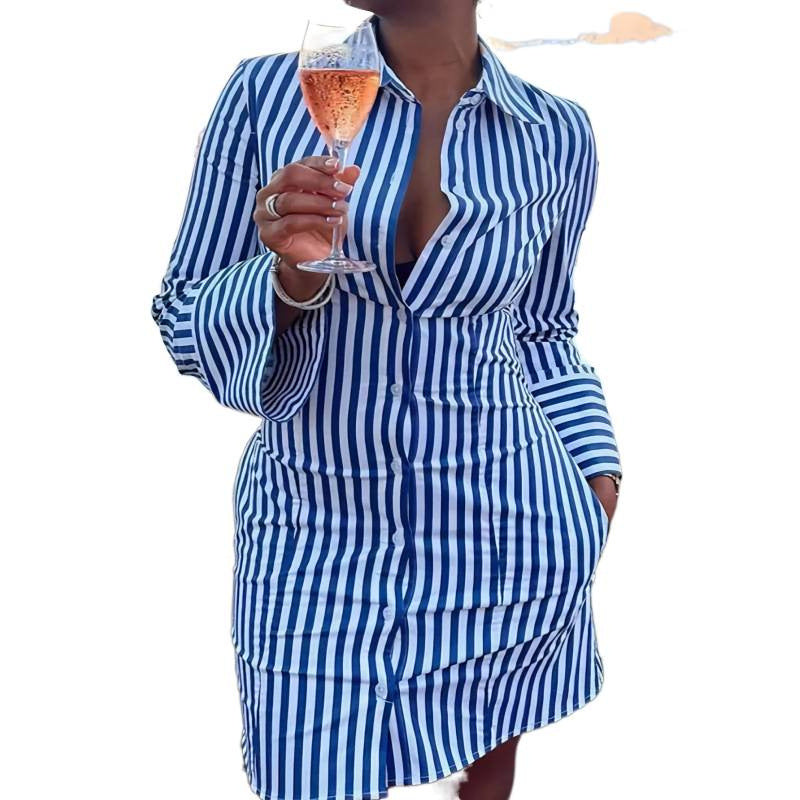code new arrival  women's original loosestripeslong sleeves lapel dress