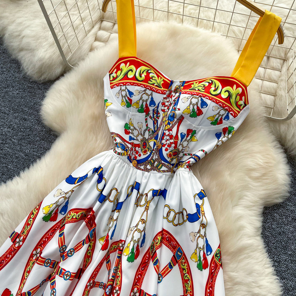 Vacation style carriage printing suspender dress women's summer sleeveless high waist silmelegant mid-length skirt french