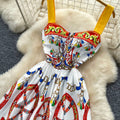 Vacation style carriage printing suspender dress women's summer sleeveless high waist silmelegant mid-length skirt french