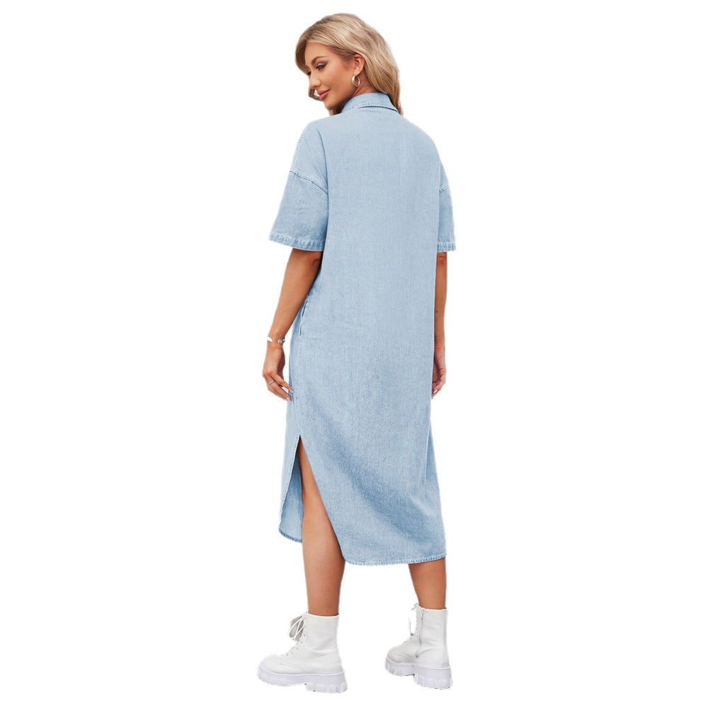 European and american cross-border women's spring new arrivals:  independent site washed loose denim short-sleeve maxi dress