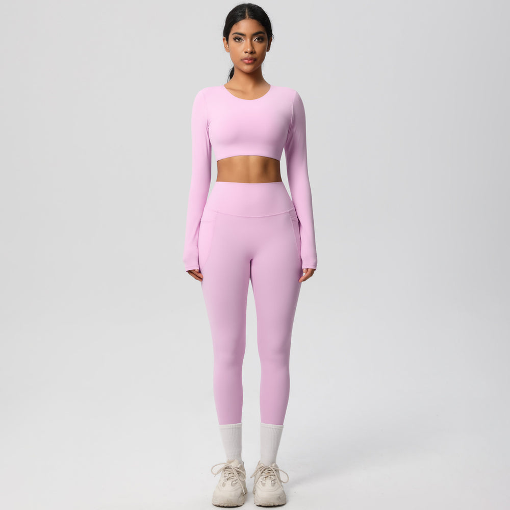 nude feeling tight high waistflap pocket pants crop toplong sleevestops yoga clothes quick-drying running sports fitness suit