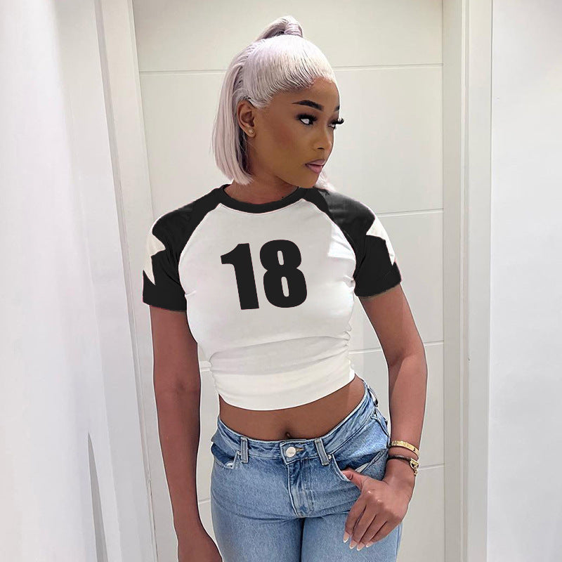 Cross-border street women's casual color contrast five-pointed star digital printing basic round neck pullover short-sleeved top  wholesale